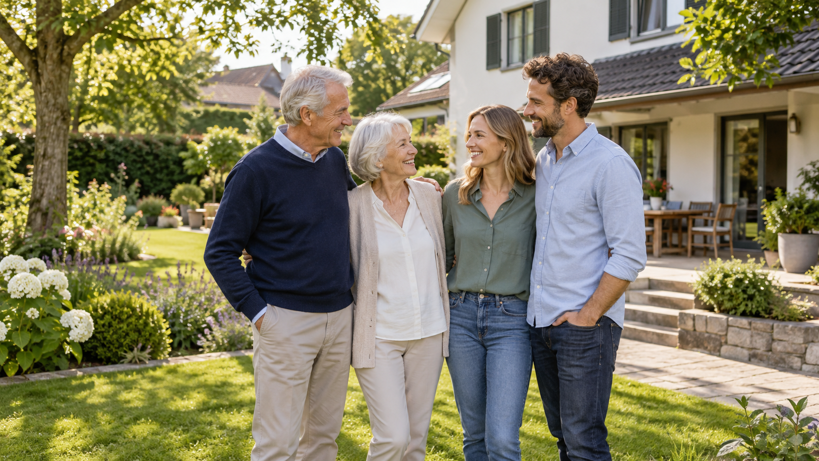 Zwei Generationen vor einem vertrauten Familienhaus
